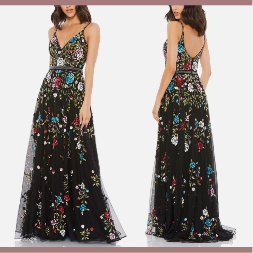 NWT $698 Mac Duggal [ 14 ] Embellished Floral Sequined‎ Gown in Black - Picture 12 of 15